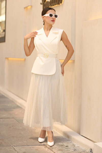 lodmela Βραδινό φόρεμα με πλισέ φούστα και ζώνη 2390-Λευκό