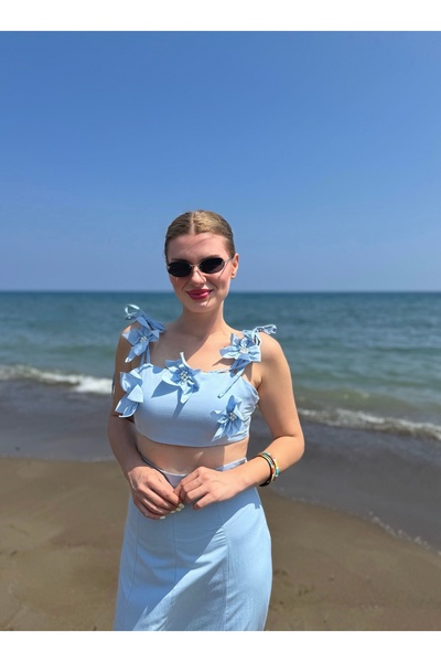 Store Lisa 3D Floral A-Line Skirt Suit - Baby Blue