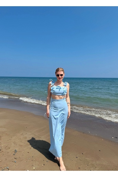 Store Lisa 3D Floral A-Line Skirt Suit - Baby Blue