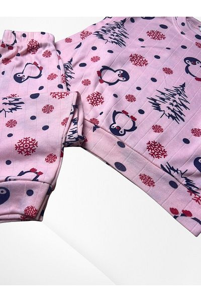Pajama Shop Girls' Cotton Fabric Baby Color Ribbed Penguin Patterned Long Sleeve Winter Pajama Set