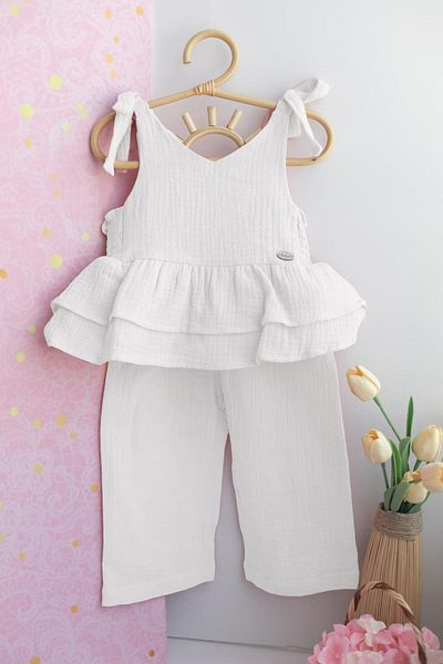 PİTABABY Girl's White Pants Blouse Muslin Double Set