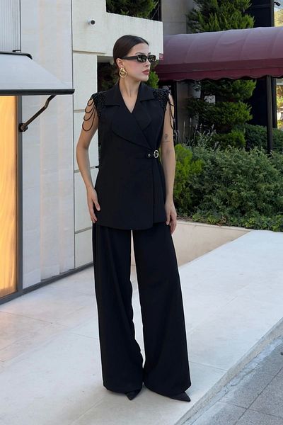 lodmela Asymmetrical Evening Dress Set with Shoulder Processing Detail 2389-Black