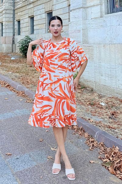 lodmela Lapel Elastic Ruffle Detailed Comfortable Form Viscose Dress 6024-Orange