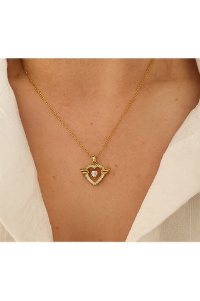 MİRA BİJUTERİ Kanatlı Kalp Figürlü Zirkon Taşlı Altın Renkli Çelik Kolye