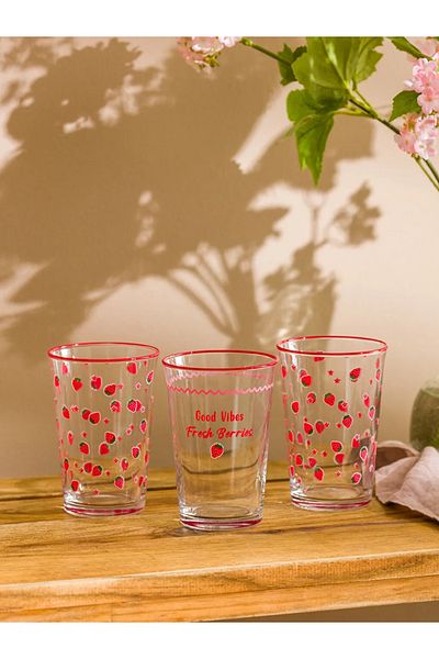 LC Waikiki Lcw Home Red Strawberry Printed Glass Cup Set of 3 290 ml