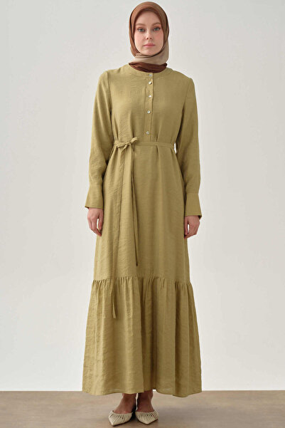 Tuğba Yarım Patlı Büzgü Etekli Elbise - Olive
