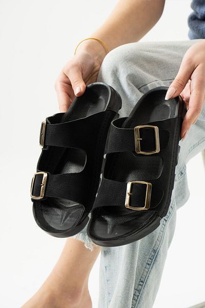 LUXEON Women's Black Daily Double Buckle Non-Slip Sole Slippers Comfortable Sole Lightweight Stylish Sea Beach Pool Sandals