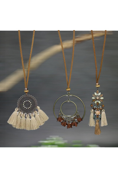 ORGANICYOU مجموعة YIWU Boho-Chic المكونة من 3 قطع: قلادة على شكل شرابة وزهرة مستوحاة من الطراز القديم وإكسسوارات مرصعة بالأحجار