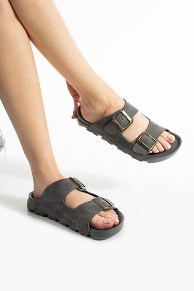 LUXEON Women's Gray Daily Double Buckle Non-Slip Sole Slippers Comfortable Sole Stylish Lightweight Sea Beach Pool Sandals