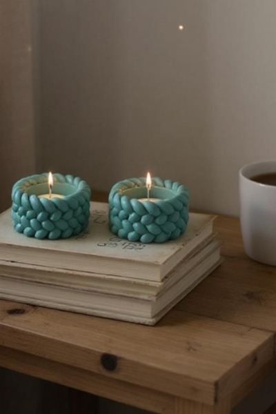 ardesta El Yapımı Hasır Görünümlü 2’li Tea Light Taş Mumluk | Dekoratif Mumlu...