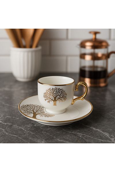 CEZVE HOME 6-Person Life Tree Patterned Gold Gilded Porcelain Coffee Cup Set