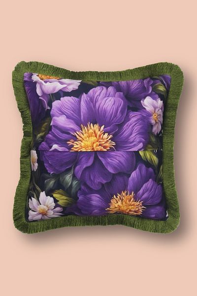 Alseko Concept Husă de pernă decorativă pătrată de 43x43 cm cu ciucuri verzi și model de flori violet