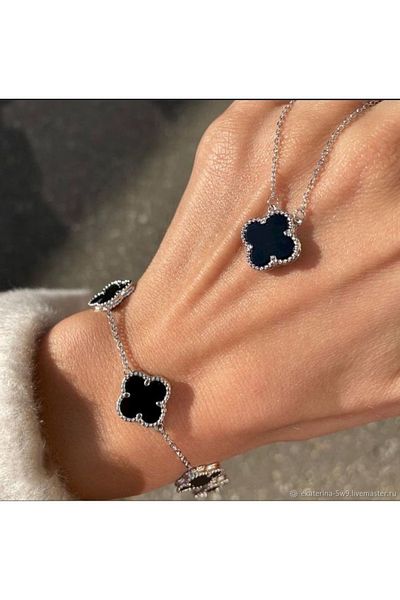 ElectraStore Silver Bracelet Black Onyx Flowers
