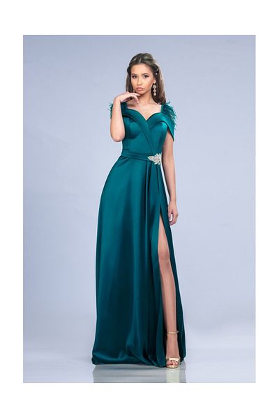 OPHIRA Evening Dress TURQUOISE TEAL Long Satin Taffeta and Feather