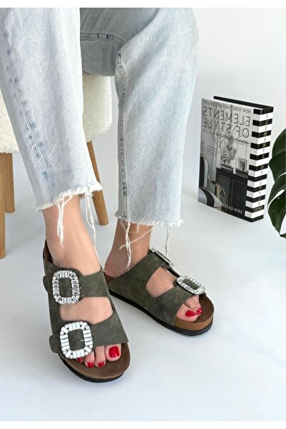 alfaze Buckle Belted Slippers Nubuck Green Heel Height 2.5 cm