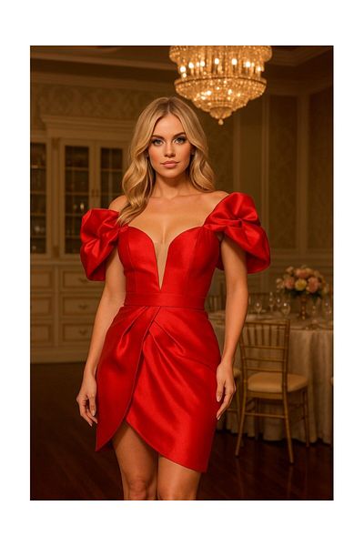 OPHIRA Short Red Dress with Corset and Oversized Sleeves