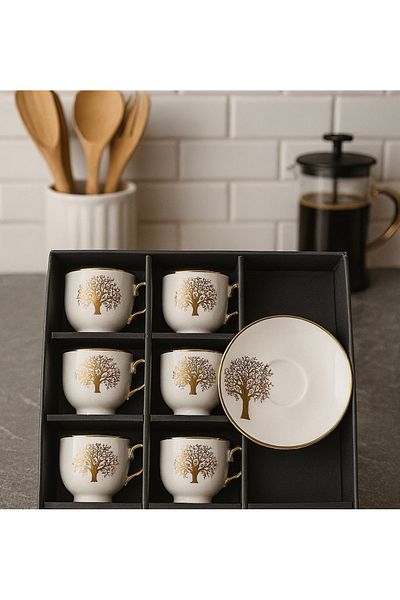 CEZVE HOME 6-Person Life Tree Patterned Gold Gilded Porcelain Coffee Cup Set