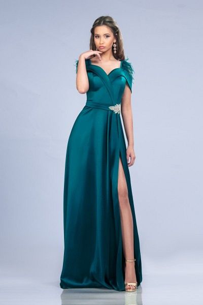 OPHIRA Evening Dress TURQUOISE TEAL Long Satin Taffeta and Feather