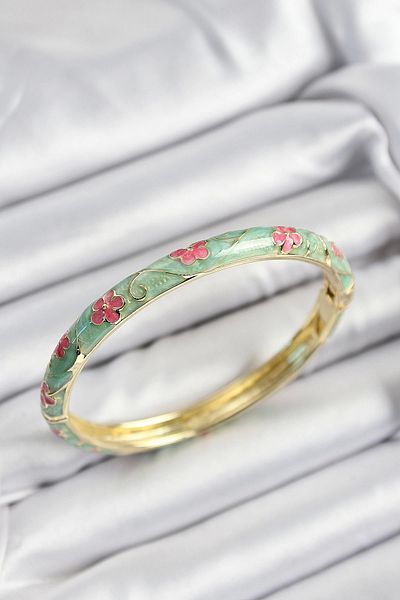 Skygo Mineli Brass Pink and Green Flower Motif Gold Color Women's Handcuffs - Tj-Bb7397
