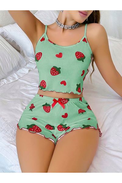 civetta Cotton Green Strawberry Patterned Ribbed Strap Shorts Pajama Set