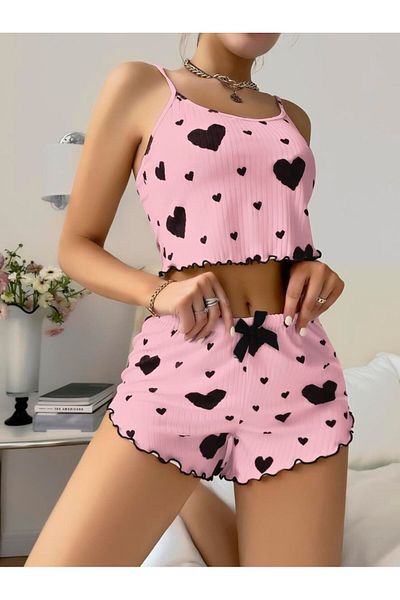 Aria's Closet Cotton Pink Top with Black Heart Pattern and Suspender Ribbed Shorts Pajama Set