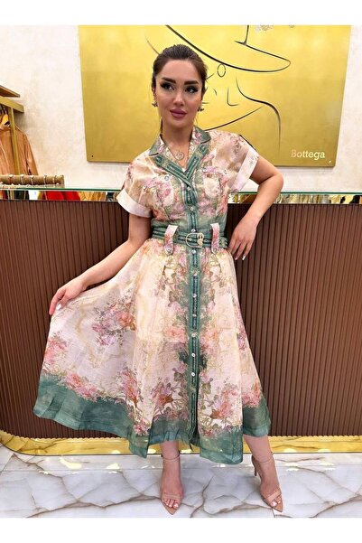 WellWay فستان زيمرمان من قماش الكتان يشمل الحزام - أخضر - 2735