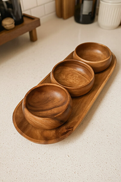 Cem 3'lü Akasya Tabaklı Kase Seti
