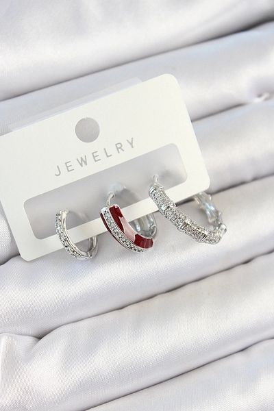PRATİKOBA Bfs brass zircon stone burgundy pink ring model silver color 3 pairs women's earring set