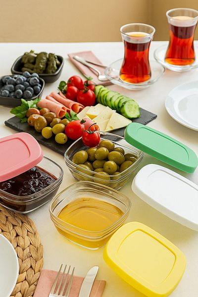Paşabahçe Set of 4 Colorful Lid Glass Jam Bowl, Sauce Bowl and Storage Container |   Breakfast Storage Box 310 Cc