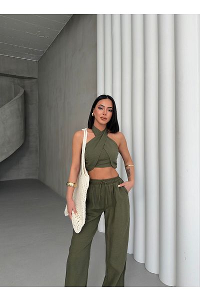 aytenli Cross Neck Tie Elastic Top Lace up Size Elastic Waist Palazzo Trousers Linen Suit