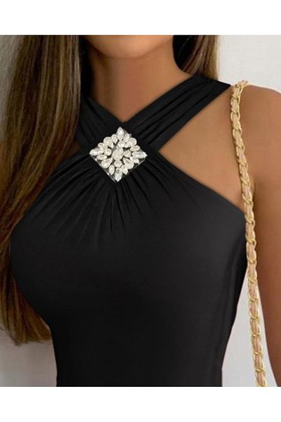 MRA Fashion Women's Collar Front Crossed Stone Detailed Viscose Blouse