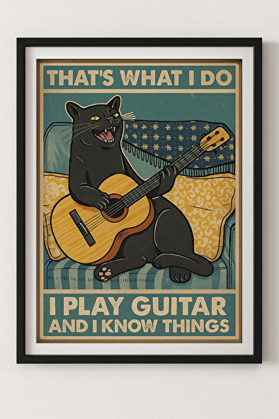 Atölye Prana Gitar Çalan Kedi – Komik Retro A4 Poster (Çerçevesiz)