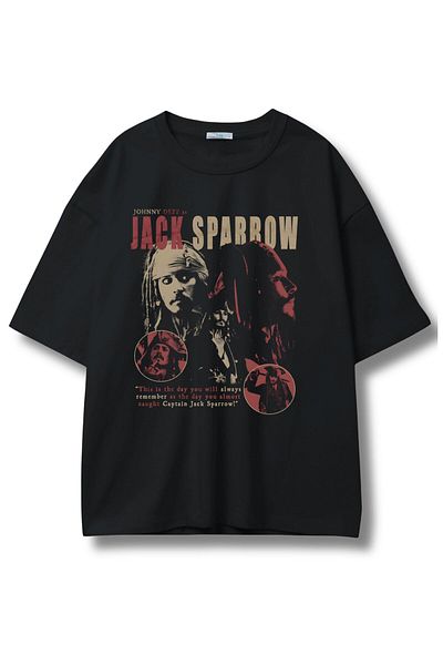 Fuddy Moda Tricou unisex Jack Sparrow scris, tricou supradimensionat cu decolteu cu imprimeu Johnny Depp