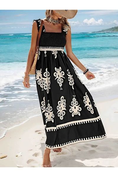 Gökyüzü Moda Women's Strap Square Neck Gipe Detailed Patterned Suprem Dress