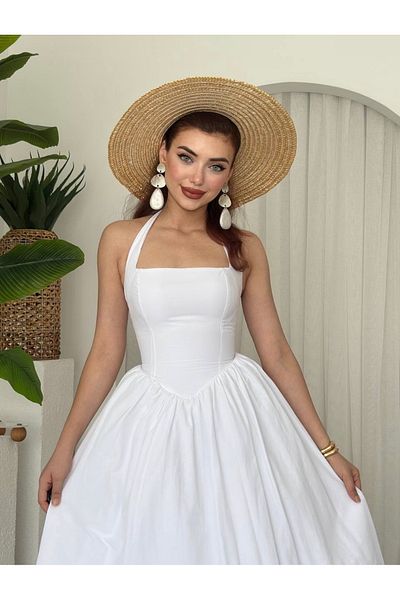 Afiş Butik White Thick Strap Halter Neck Pleated Dress