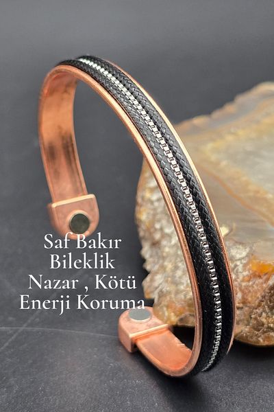 NBS Beautiful Naturel Stones Pure Copper Bracelet Leather Black Magnet Adjustable Handcrafted Very Good Quality