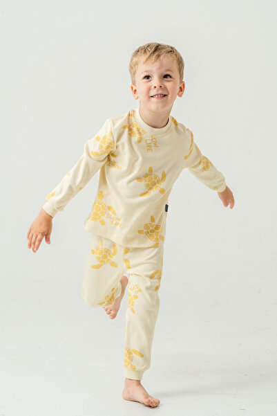 Modonoff Organik Pamuklu Alt-Üst Pijama Takımı 3-12 Yaş Sarı Kaplumbağa