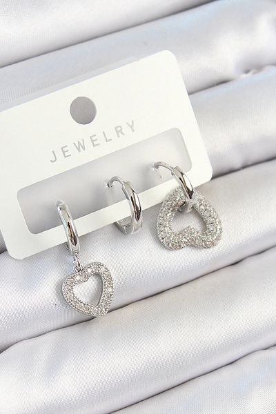 PRATİKOBA Bfs brass zircon stone heart model silver color 3-piece couple women's earring set