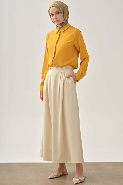 Tuğba Pileli İnce Kemerli Etek - Ekru