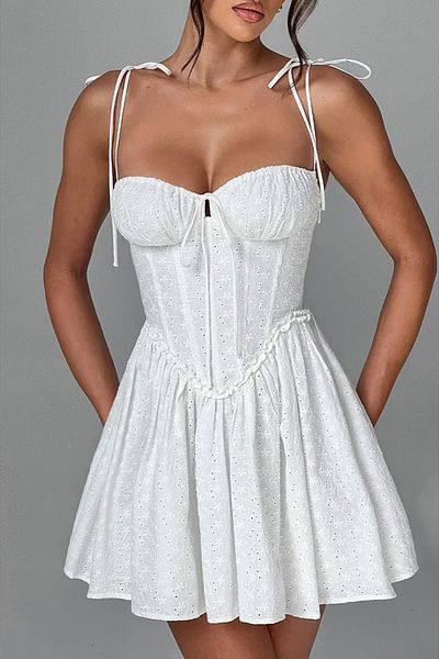FASHION COCKTAIL Slim Lace-Up Strap Bustier Detailed Chest Gathered Hole Brode Party Party Dress