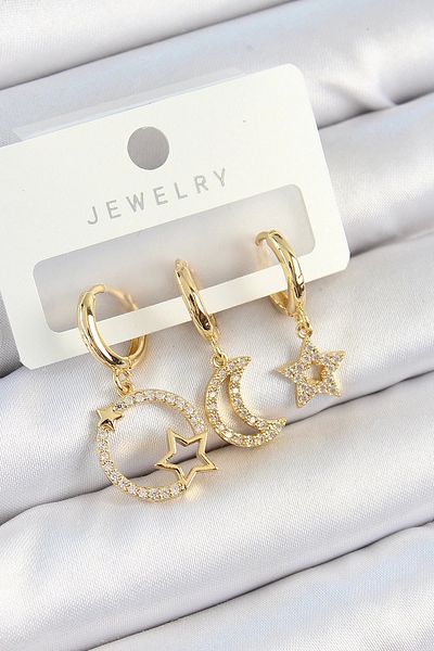 PRATİKOBA Bfs brass zircon stone star and moon model gold color 3-piece double women's earring set