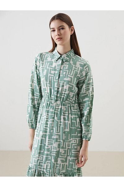 LC Waikiki Lcw Modest Green Shirt Collar Print Women's Dress