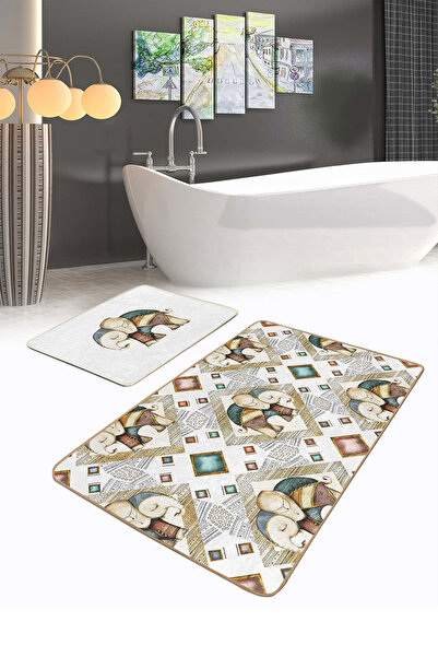 Realhomes طقم سجادة حمام قابل للغسل بنمط الفيل باللون البني والبيج مكون من قط...