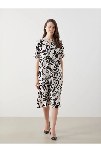 LC Waikiki Lcw Grace Ecru Leak Neckline Floral Linen Blended Women's Dress