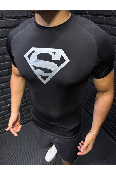 YHM Silver Superman Logolu Compression Tshirt – Erkek Siyah Sporcu Tişört