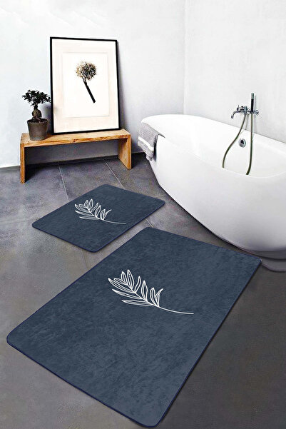 Realhomes مجموعة منشفة حمام قابلة للغسل وقاعدة غير قابلة للانزلاق منقوشة باللون الأبيض والأزرق الداكن مكونة من قطعتين