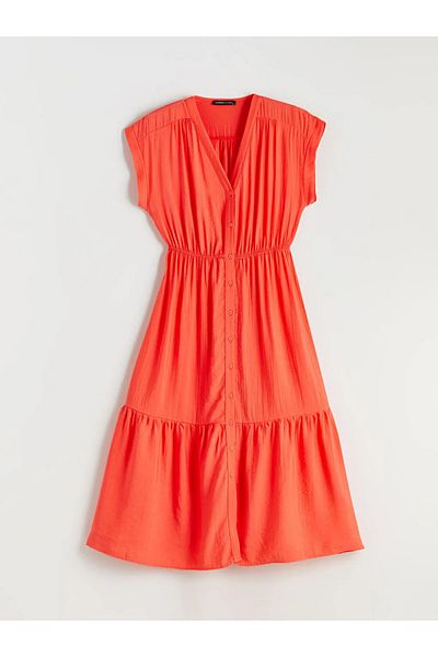 LC Waikiki Lcwaikiki Classic Orange V-Neck Textured Waist Dress