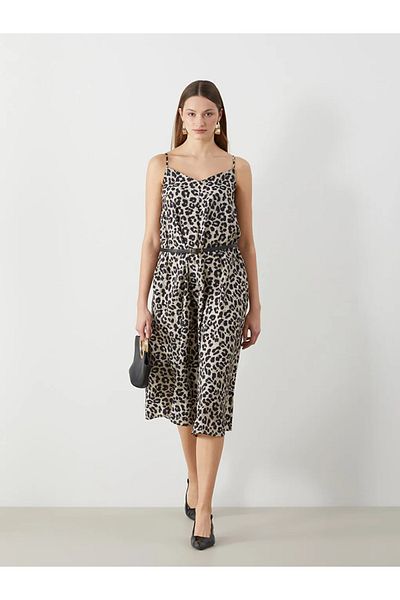 LC Waikiki Lcwaikiki Classic Brown V-Neck Leopard Print Strap Women's Dress