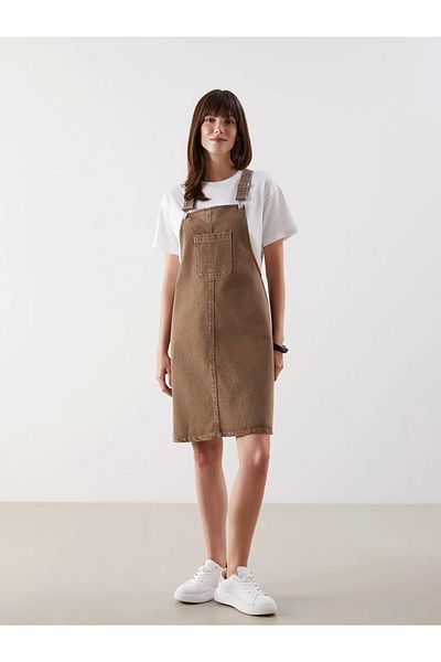 LC Waikiki Lcw Comfort Brown Square Collar Straight Strap Women's Jean Salopet Dress