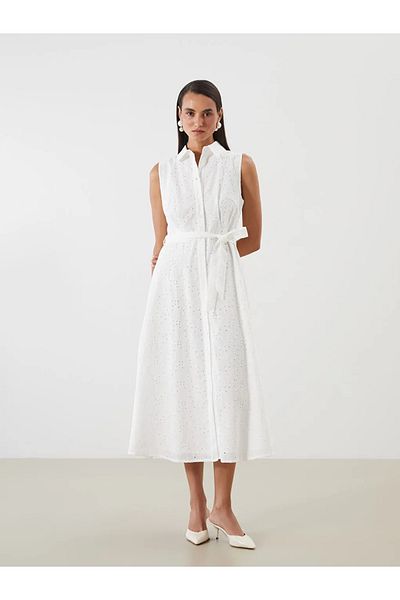 LC Waikiki Lcwaikiki Classic White Openwork Shirt Dress